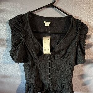 Black Scoop Neck Top with Puffed Sleeves and Textured Fabric